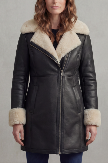 Elisara | Shearling Collar Leather Winter Coat