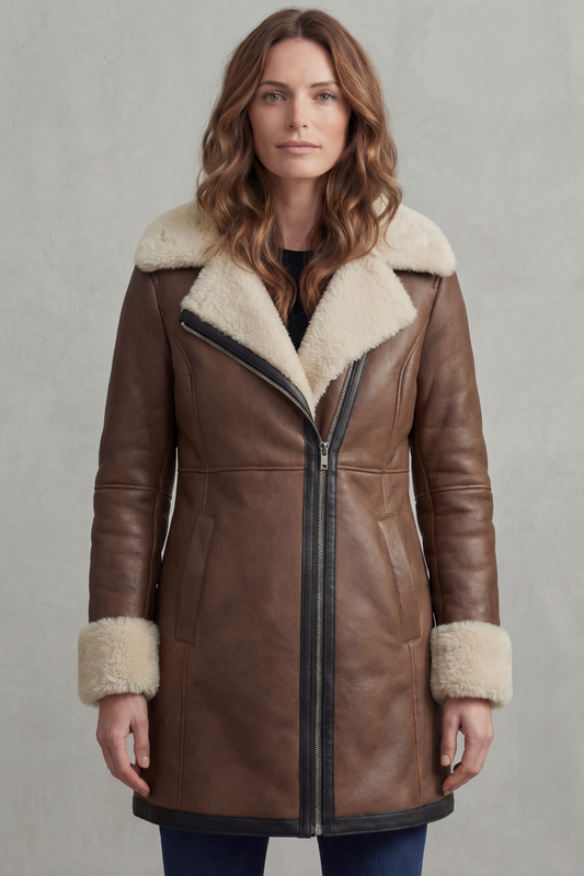 Elisara | Shearling Collar Leather Winter Coat