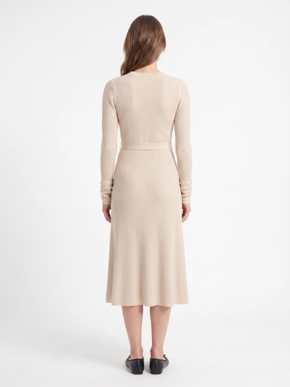 Elise | Cable Knit Puff Sleeve Belted Midi Dress