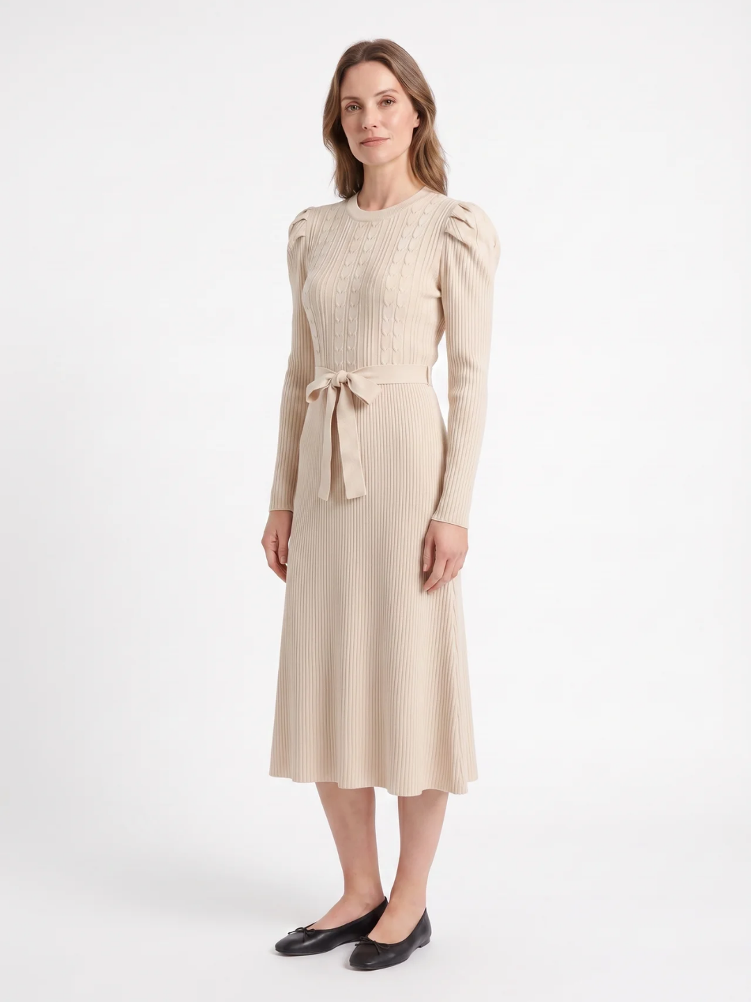 Elise | Cable Knit Puff Sleeve Belted Midi Dress
