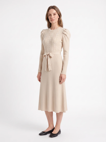 Elise | Cable Knit Puff Sleeve Belted Midi Dress