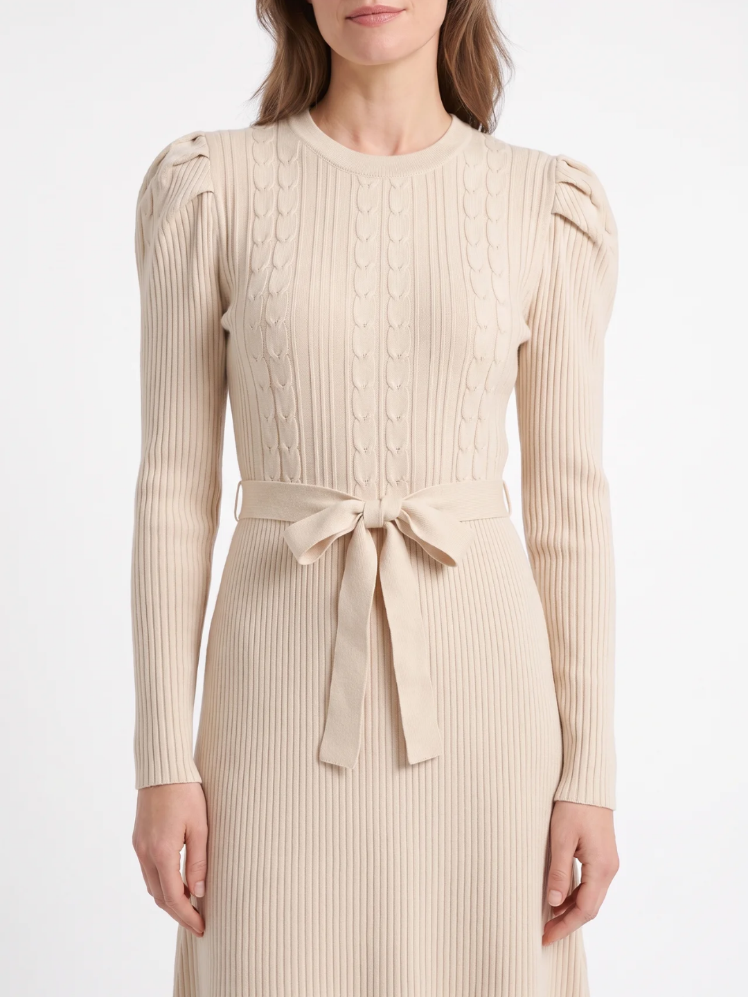 Elise | Cable Knit Puff Sleeve Belted Midi Dress