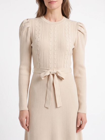 Elise | Cable Knit Puff Sleeve Belted Midi Dress