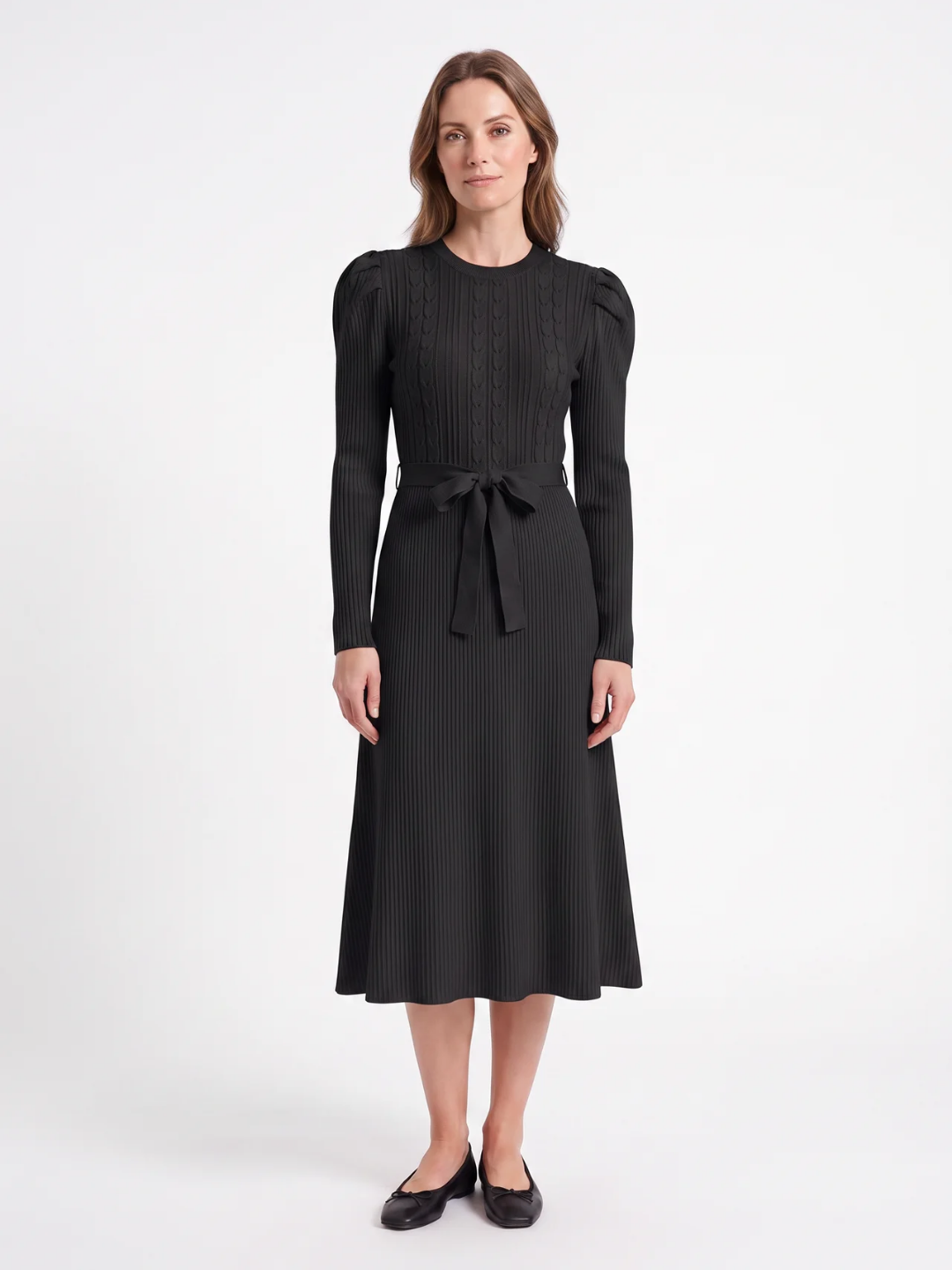 Elise | Cable Knit Puff Sleeve Belted Midi Dress
