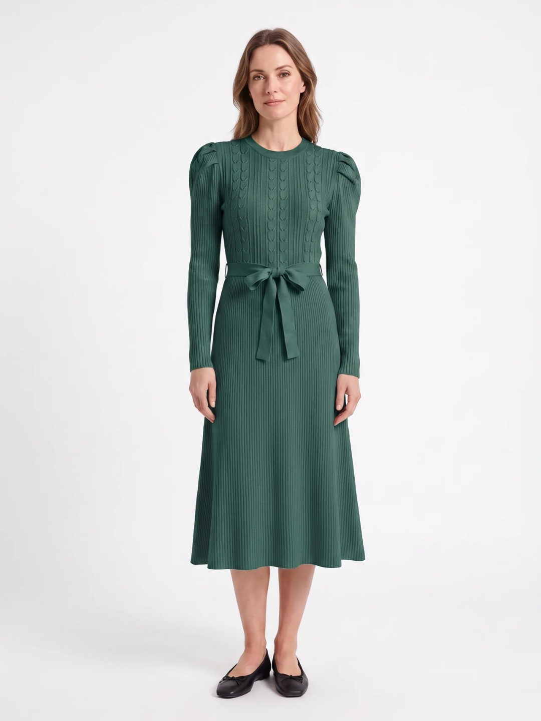 Elise | Cable Knit Puff Sleeve Belted Midi Dress