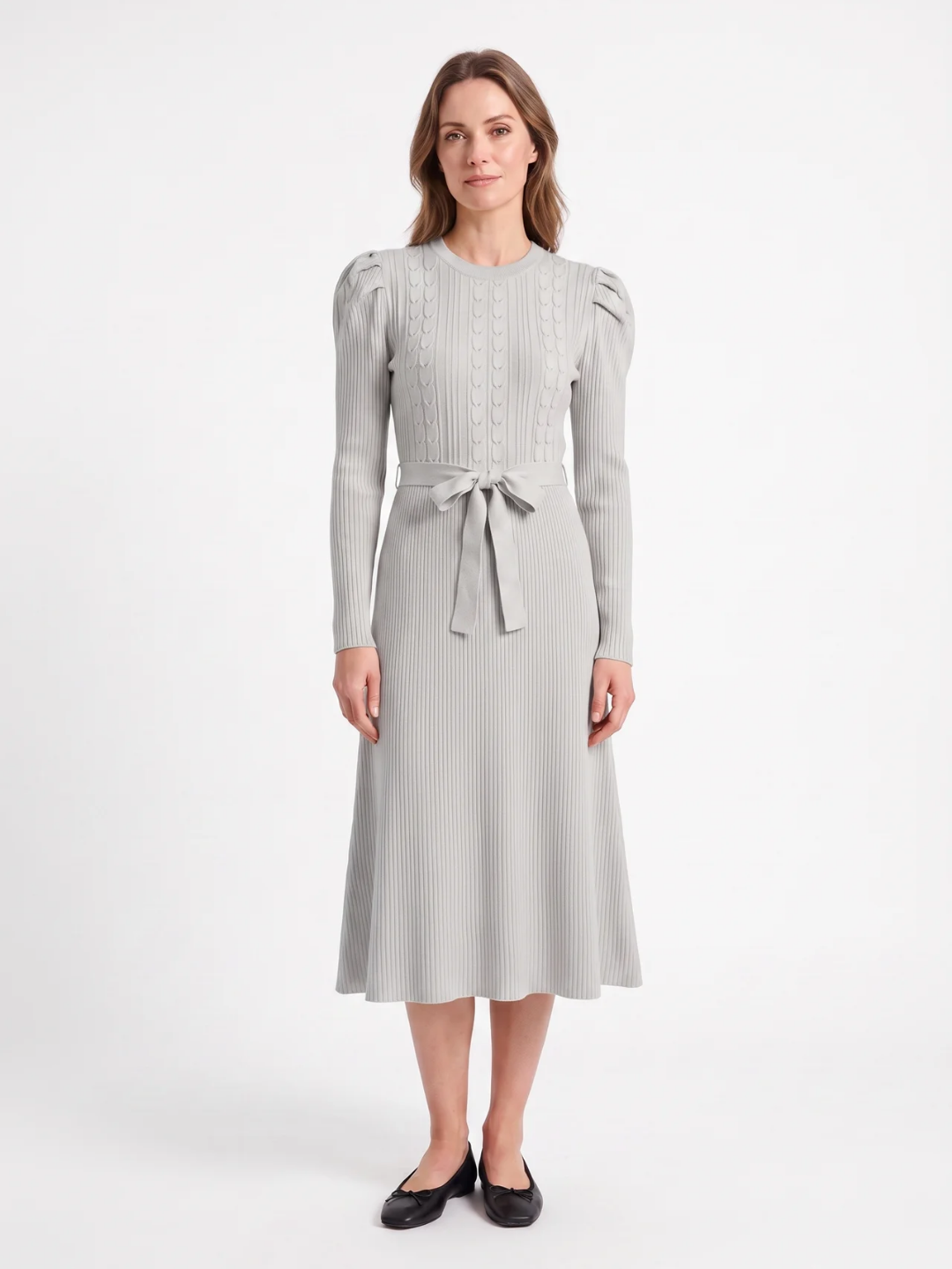 Elise | Cable Knit Puff Sleeve Belted Midi Dress