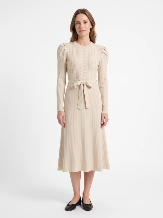 Elise | Cable Knit Puff Sleeve Belted Midi Dress