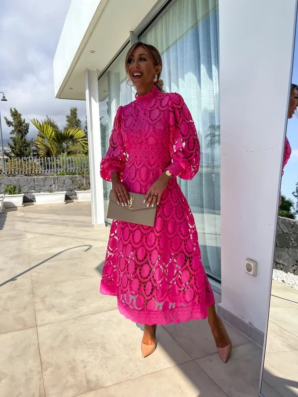 Elise Lace Puff Sleeve Hign Neck Midi Dress