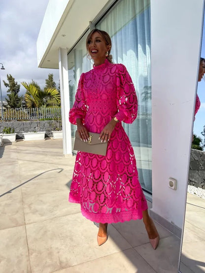 Elise Lace Puff Sleeve Hign Neck Midi Dress