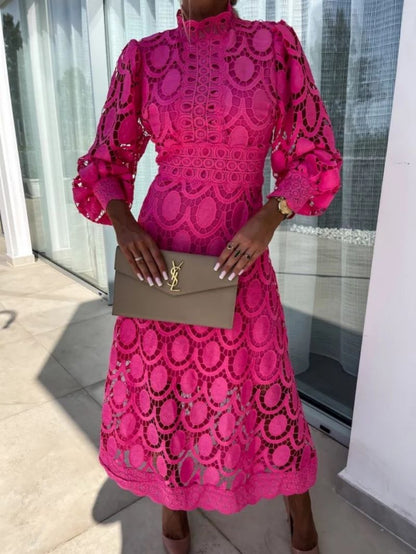 Elise Lace Puff Sleeve Hign Neck Midi Dress