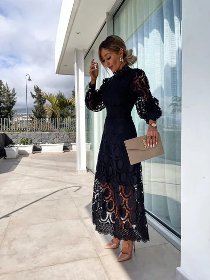 Elise Lace Puff Sleeve Hign Neck Midi Dress