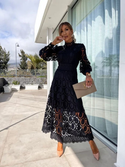 Elise Lace Puff Sleeve Hign Neck Midi Dress