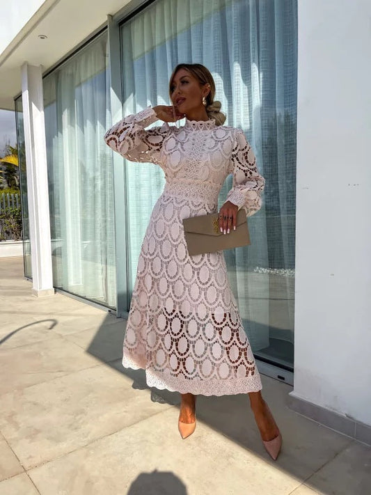 Elise Lace Puff Sleeve Hign Neck Midi Dress