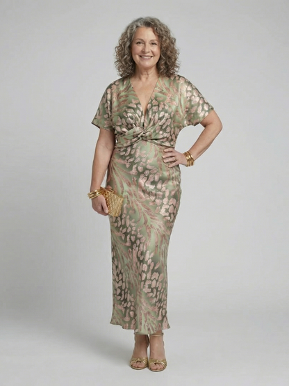 Eliza | Abstract Print V Neck Twist Waist Midi Dress