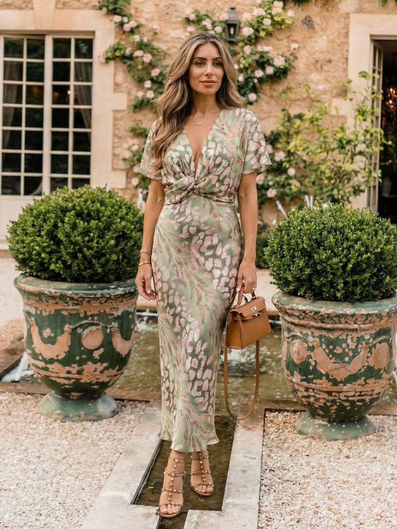 Eliza | Abstract Print V Neck Twist Waist Midi Dress