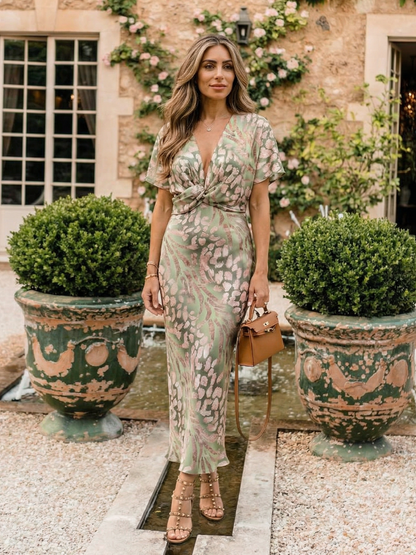 Eliza | Abstract Print V Neck Twist Waist Midi Dress