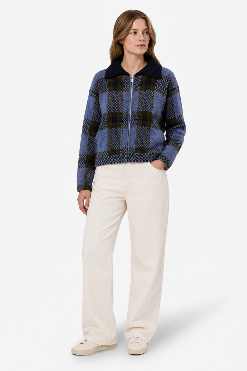 Elodie | Plaid Knit Zip Up Jacket