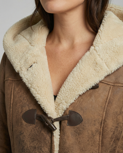 Elowen | Faux Suede Shearling Hooded Toggle Coat