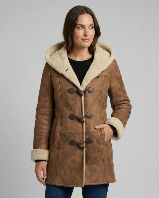 Elowen | Faux Suede Shearling Hooded Toggle Coat