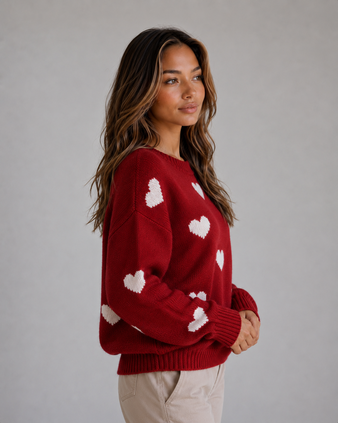 Enid | Pull en maille à col rond imprimé de cœurs