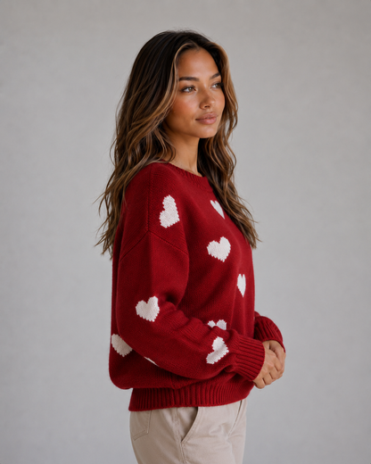 Enid | Pull en maille à col rond imprimé de cœurs