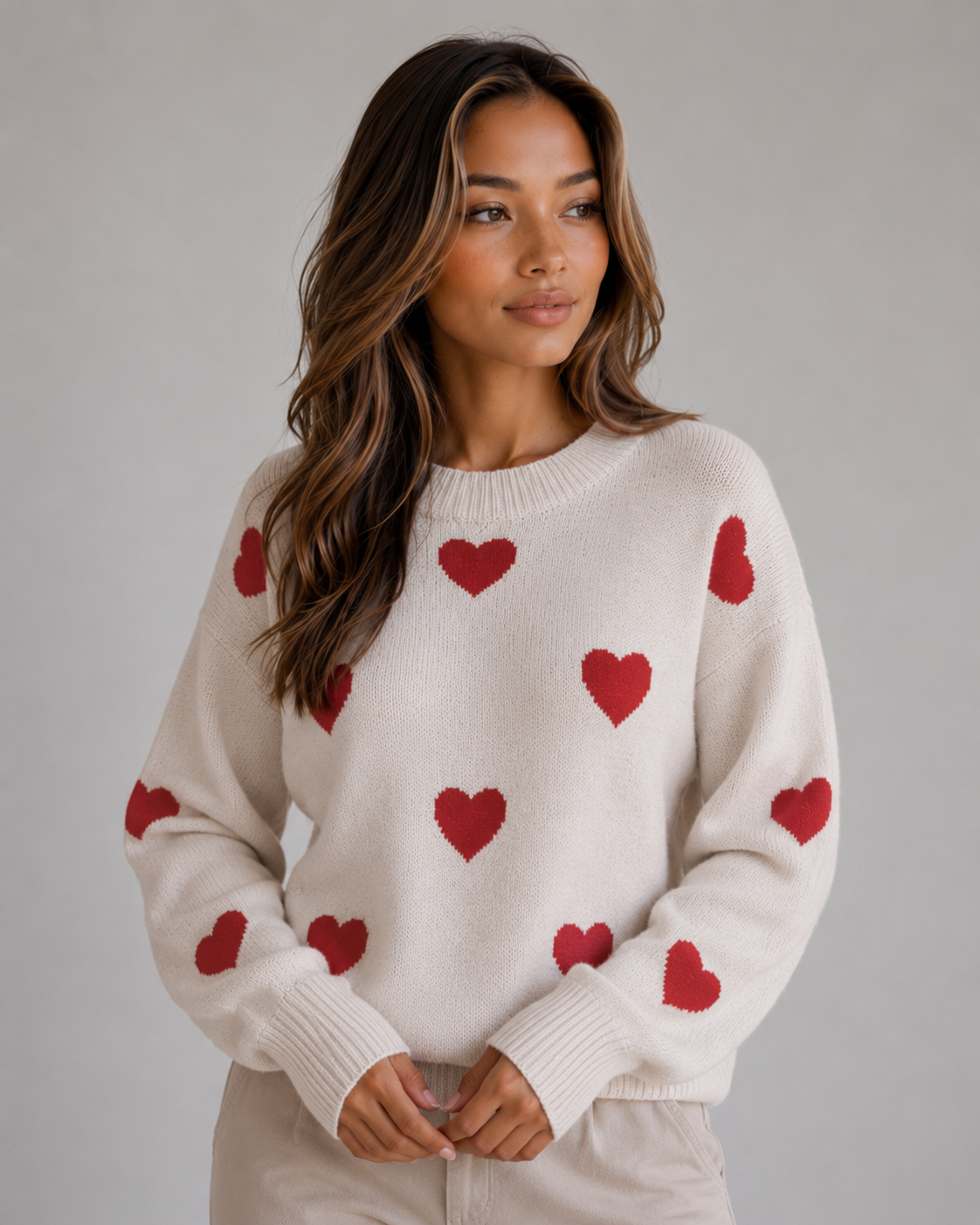 Enid | Pull en maille à col rond imprimé de cœurs
