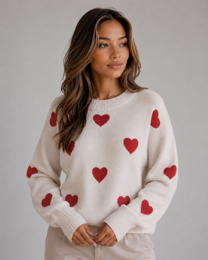 Enid | Pull en maille à col rond imprimé de cœurs