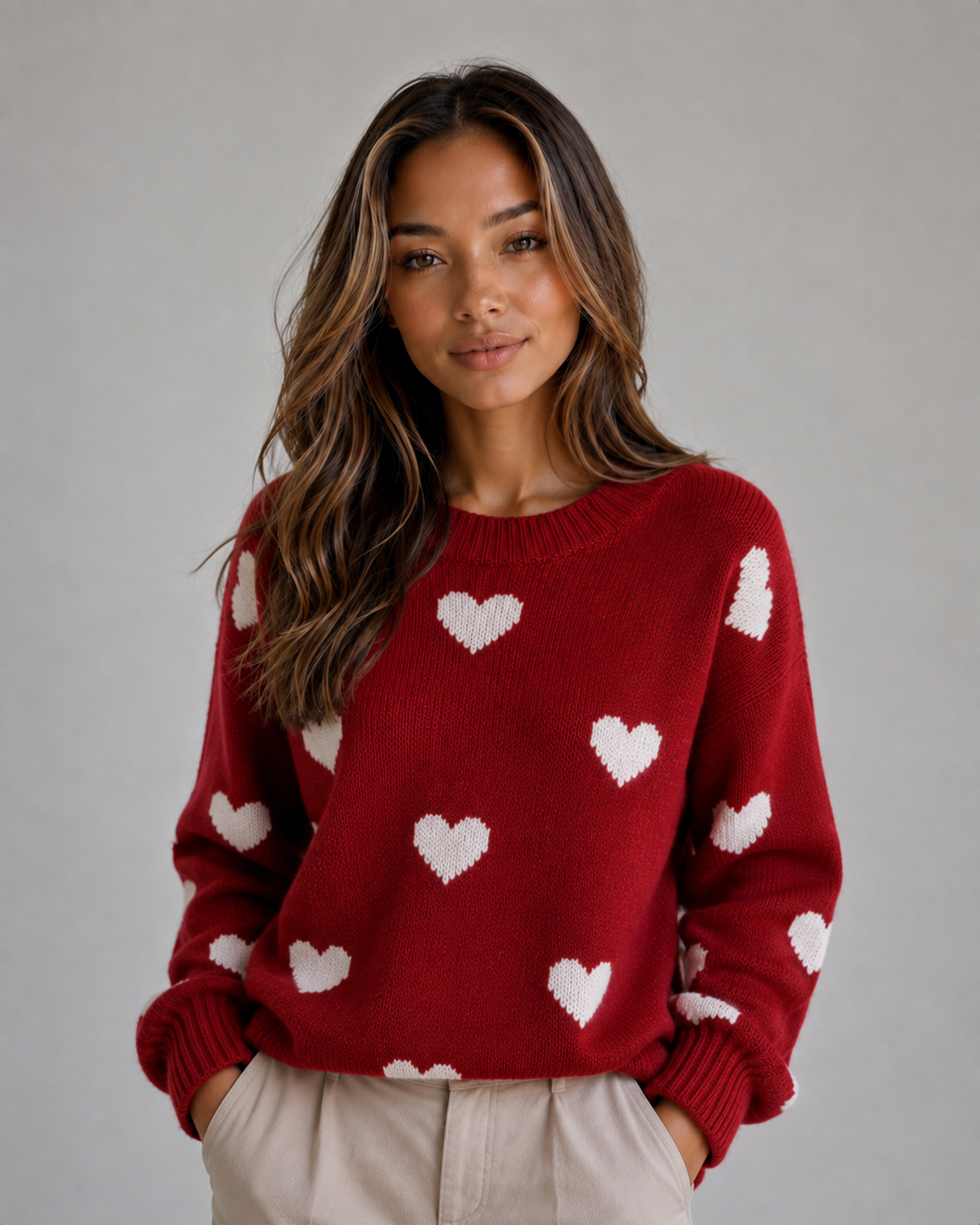 Enid | Pull en maille à col rond imprimé de cœurs