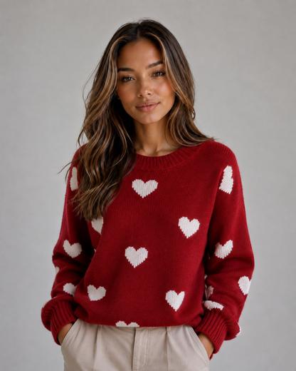 Enid | Pull en maille à col rond imprimé de cœurs