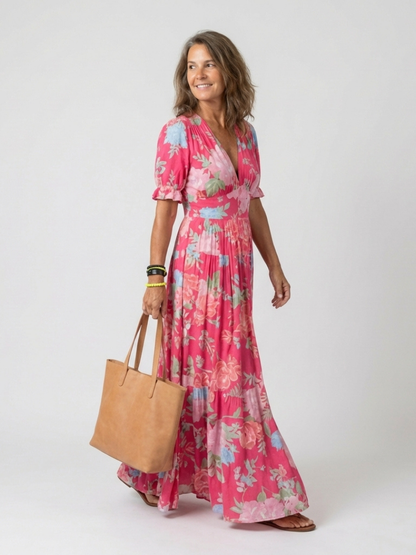 Gianna | Short Sleeve V Neck Floral Midi Dress