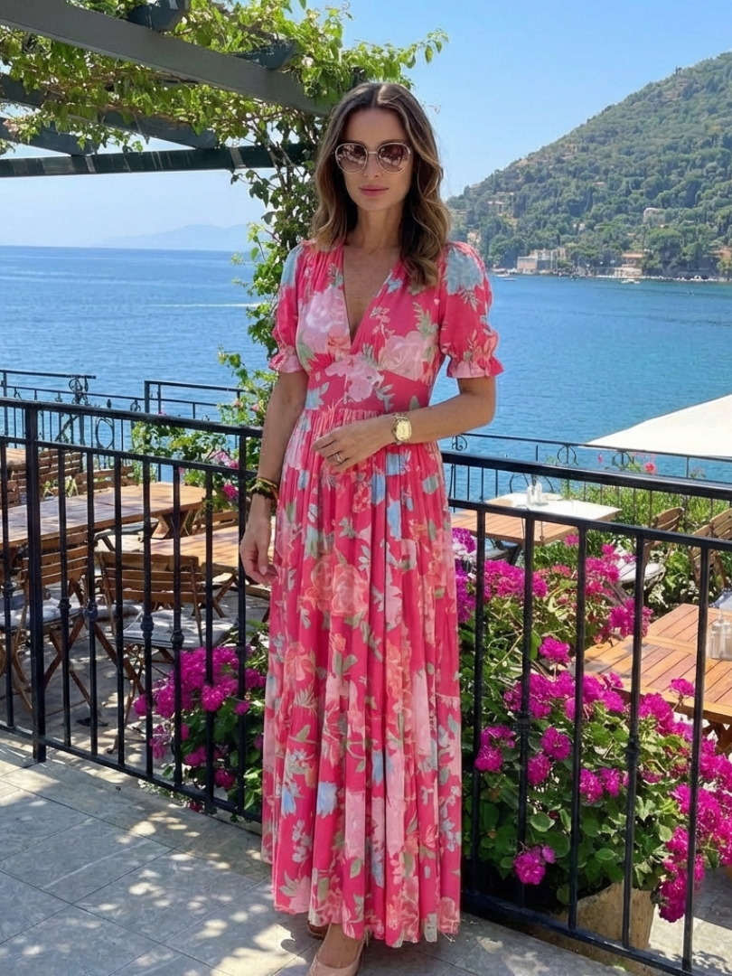 Gianna | Short Sleeve V Neck Floral Midi Dress