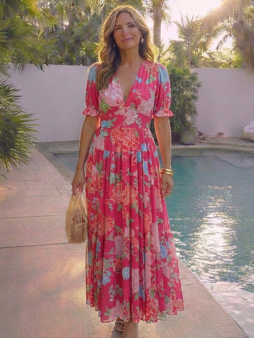 Gianna | Short Sleeve V Neck Floral Midi Dress