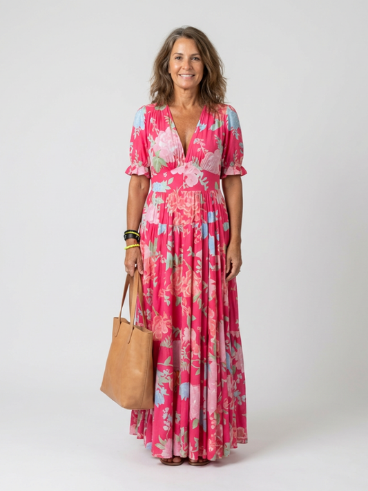 Gianna | Short Sleeve V Neck Floral Midi Dress