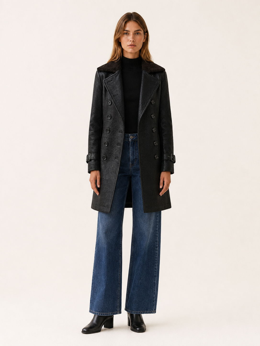 Glenda | Double Breasted Textured Tailored Long Coat