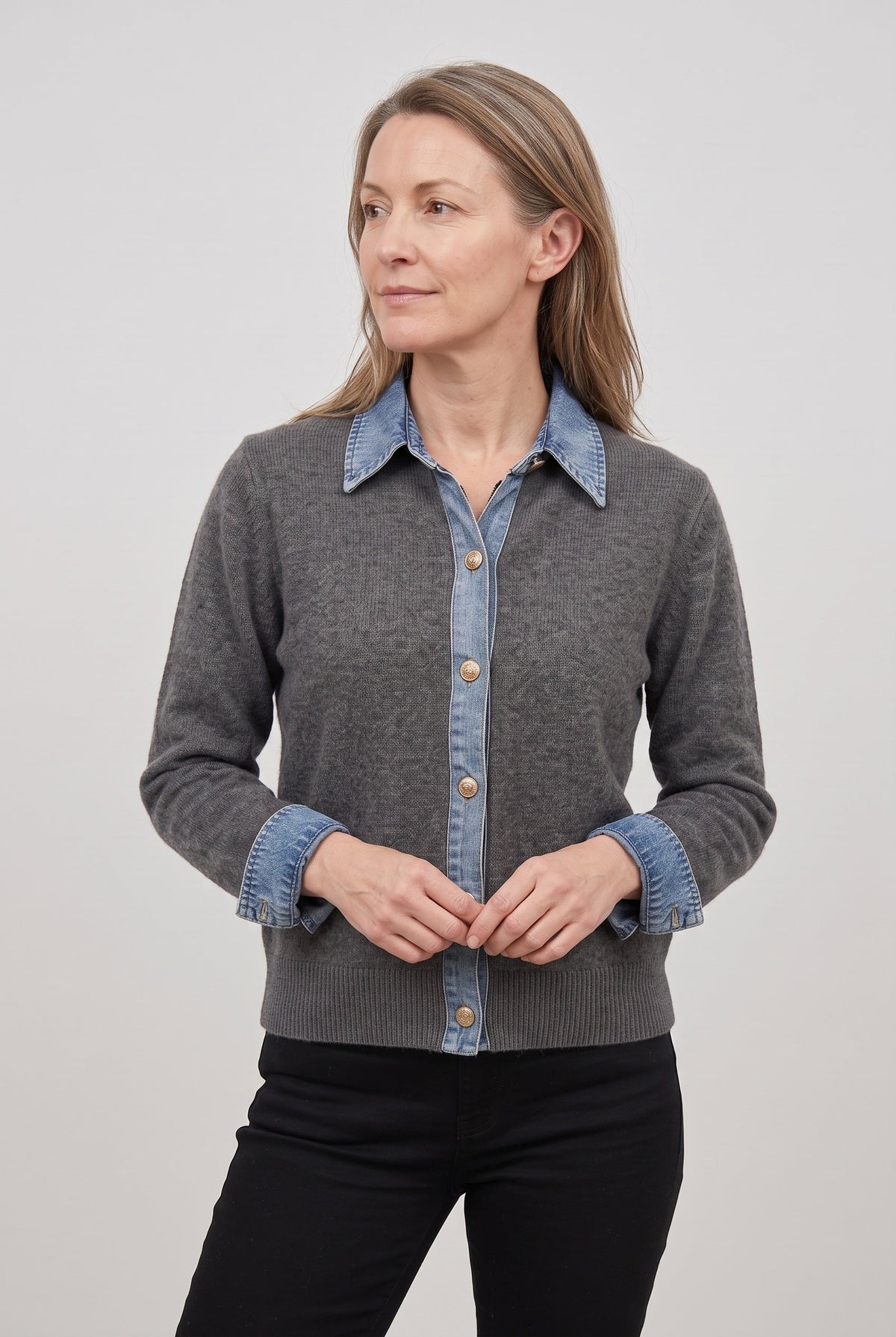 Hailey | Denim Collar Button Cardigan