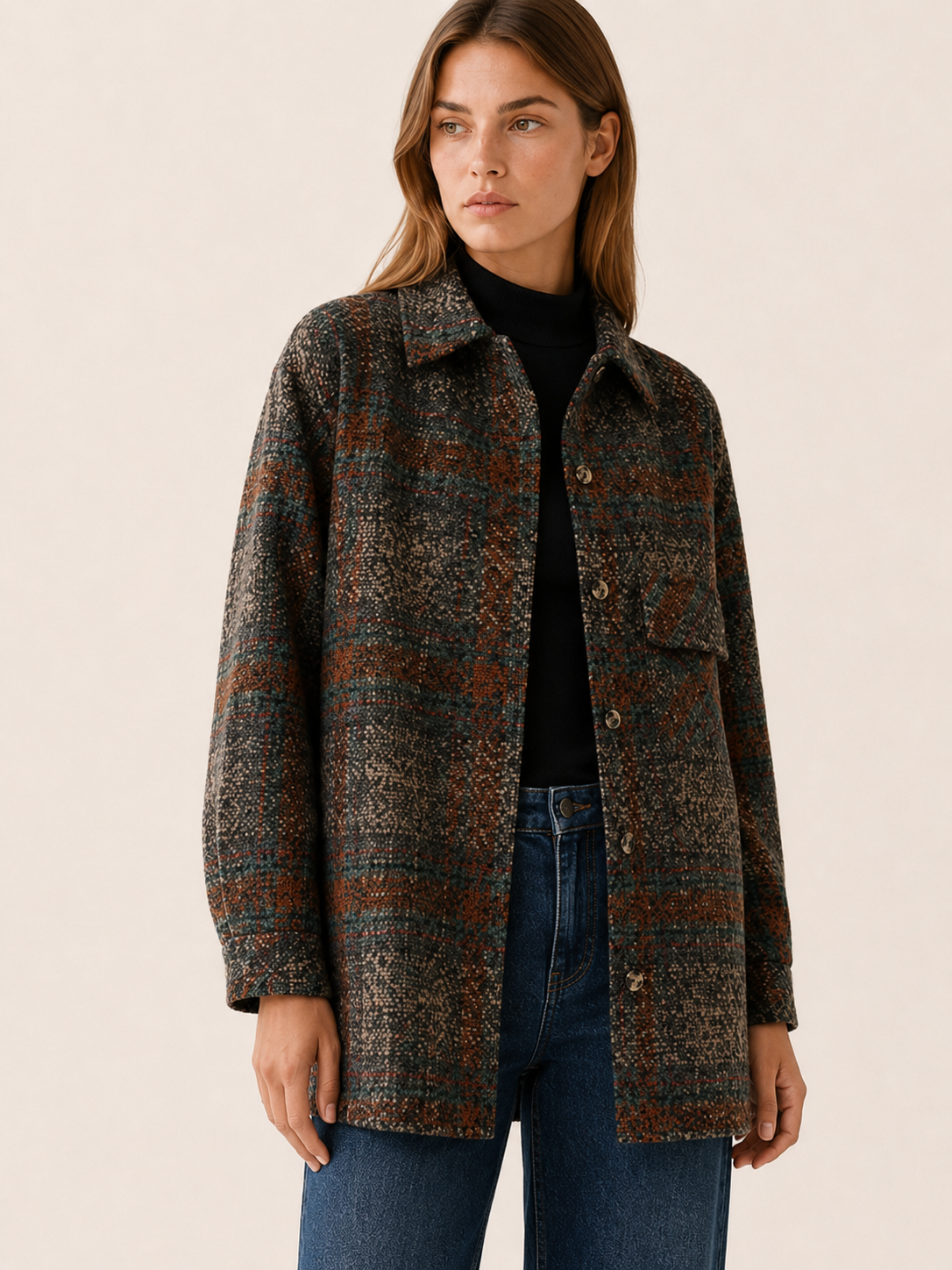Harper | Oversized Plaid Button Up Patch Pocket Jacket