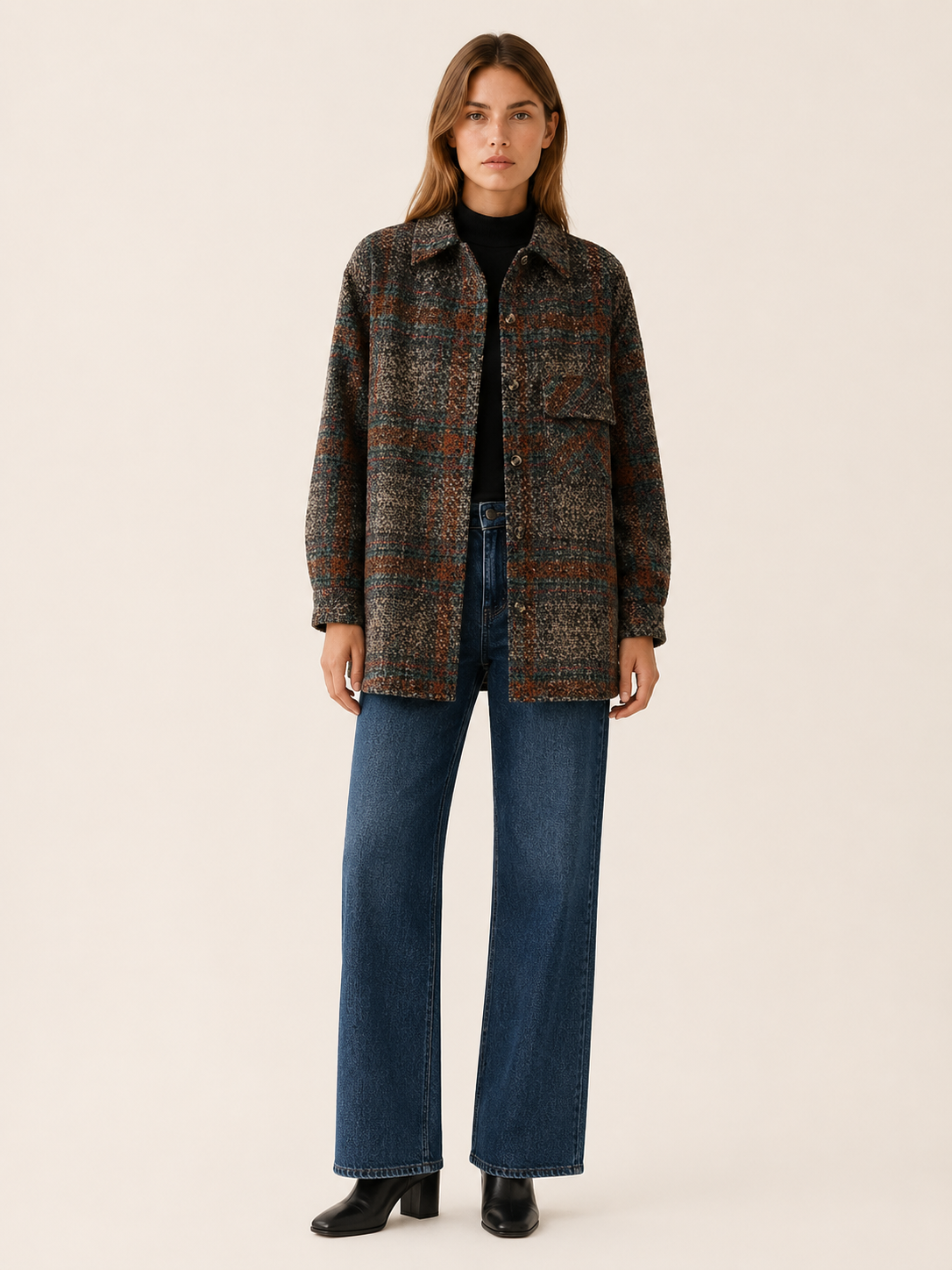 Harper | Oversized Plaid Button Up Patch Pocket Jacket