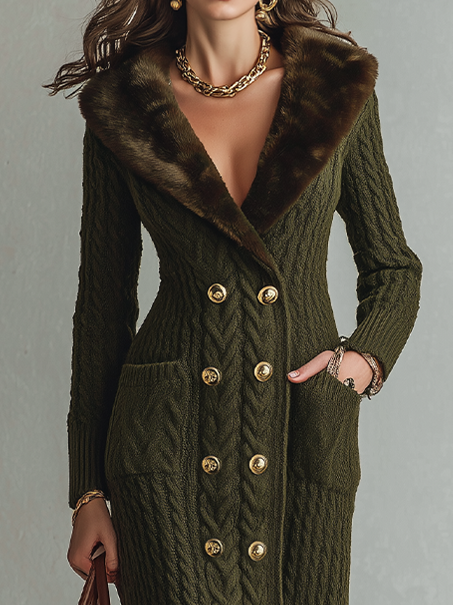Hilda | Vestido largo de punto trenzado con cuello de piel sintética