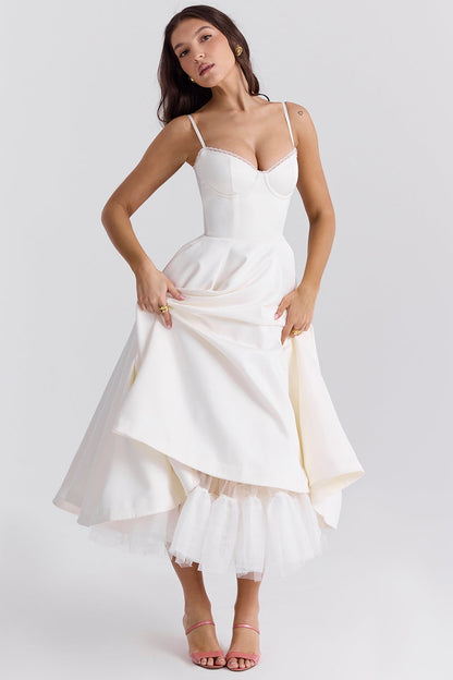 Daisy | Structured Bodice Luxurious Satin Corset Midi Dress