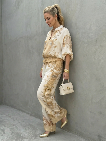 Indie | Zip Front Blouson Top Printed Two Piece Set