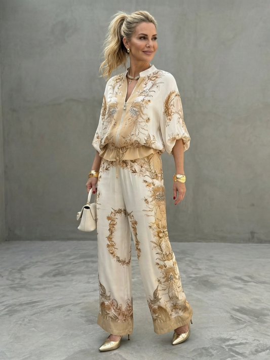 Indie | Zip Front Blouson Top Printed Two Piece Set