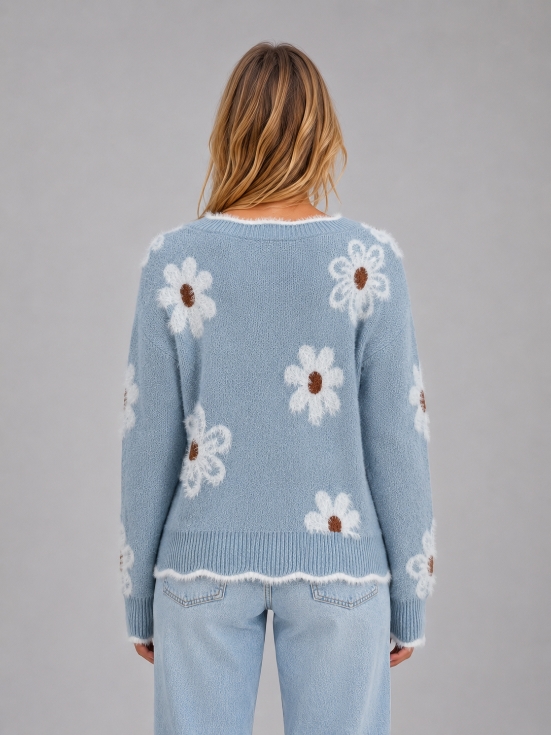 Iris | Pull en maille décontracté à col V et motif floral