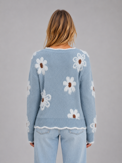 Iris | Pull en maille décontracté à col V et motif floral