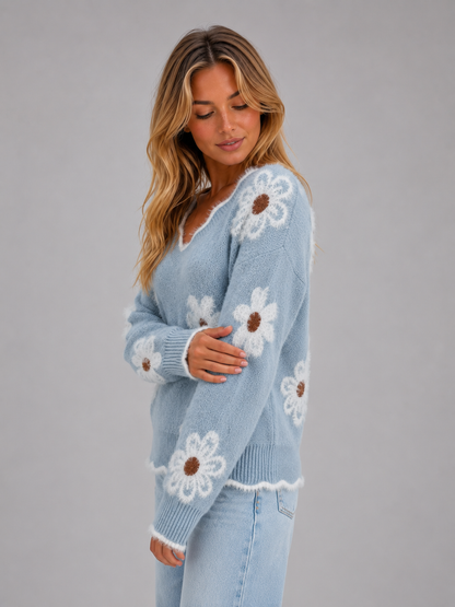 Iris | Pull en maille décontracté à col V et motif floral