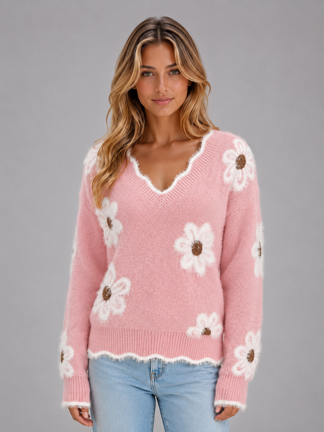 Iris | Pull en maille décontracté à col V et motif floral