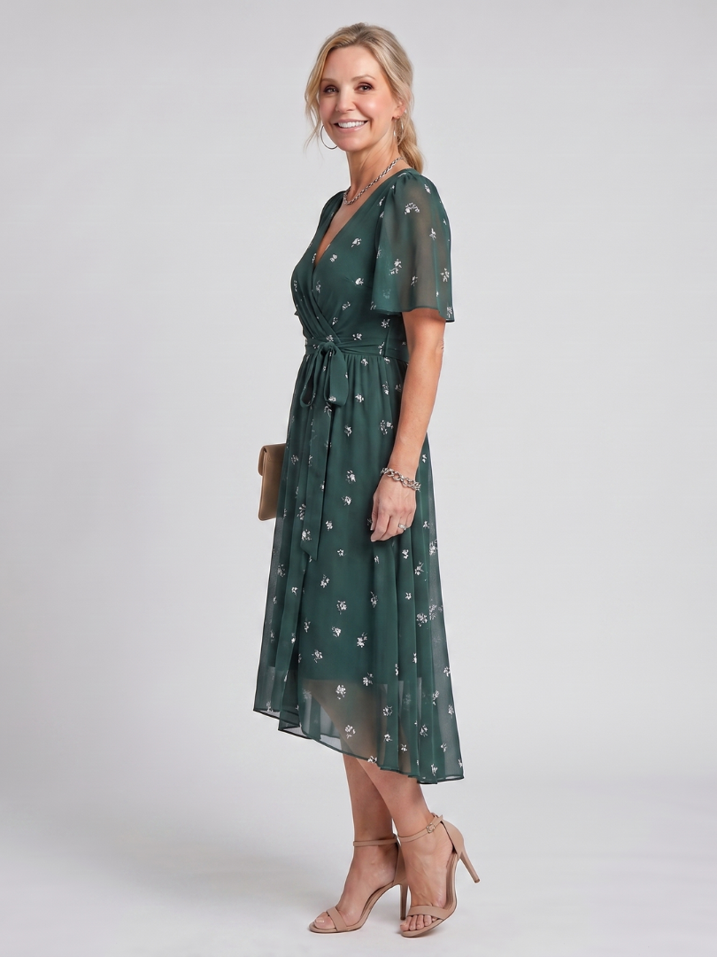 Isabella | Flutter Sleeve Gathered Waist Floral Print Midi Dress
