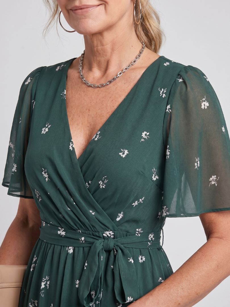 Isabella | Flutter Sleeve Gathered Waist Floral Print Midi Dress