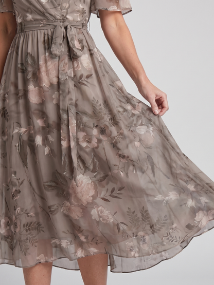 Isabella | Flutter Sleeve Gathered Waist Floral Print Midi Dress