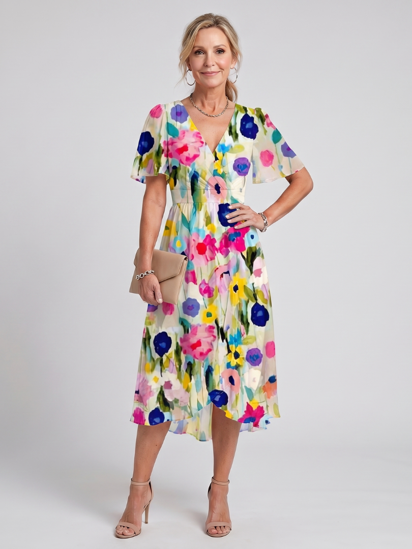 Isabella | Flutter Sleeve Gathered Waist Floral Print Midi Dress