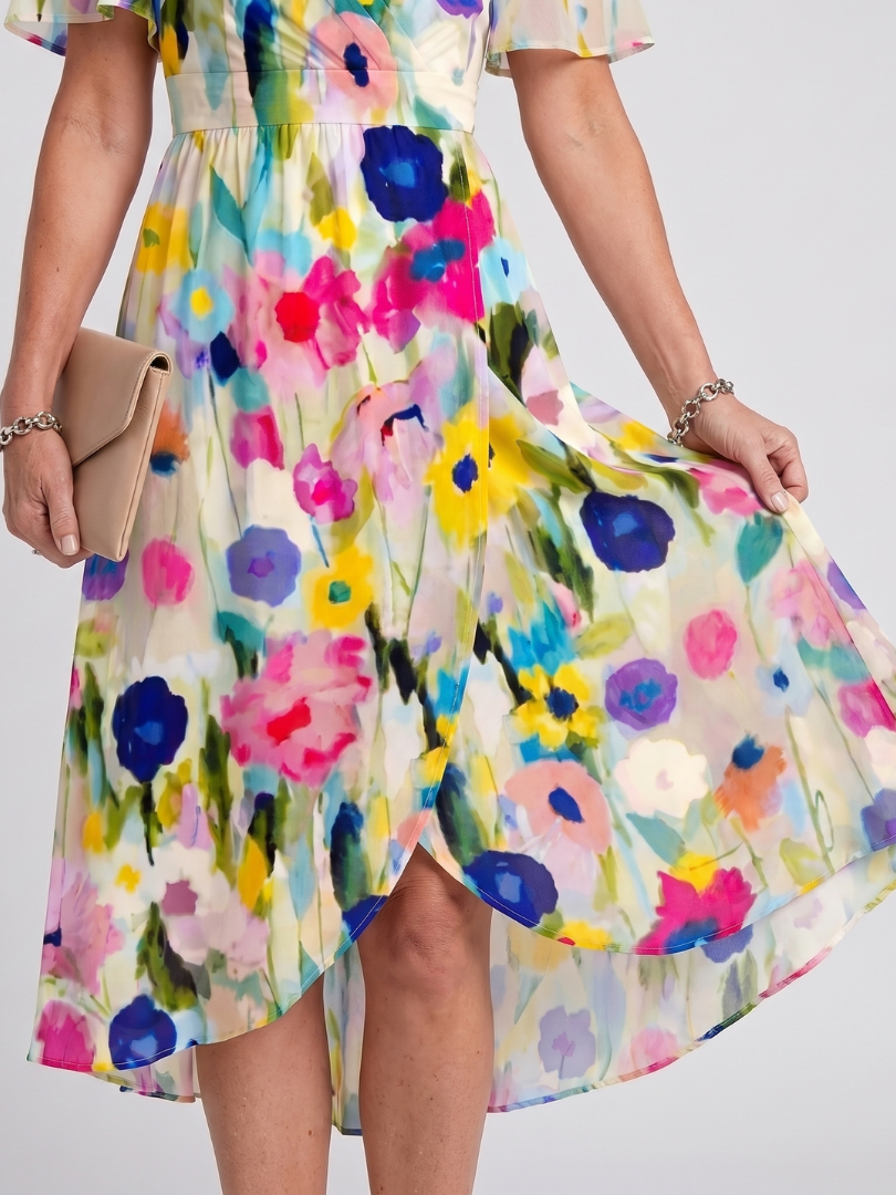 Isabella | Flutter Sleeve Gathered Waist Floral Print Midi Dress